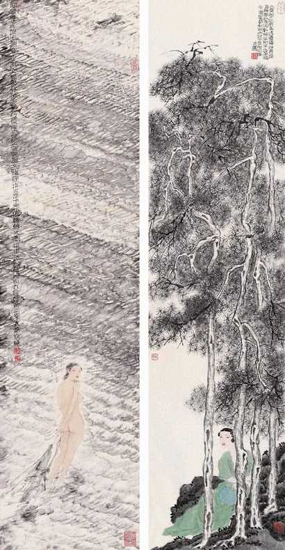 于友善 作壬午（2002年）；甲申（2004年）作 仕女 二屏